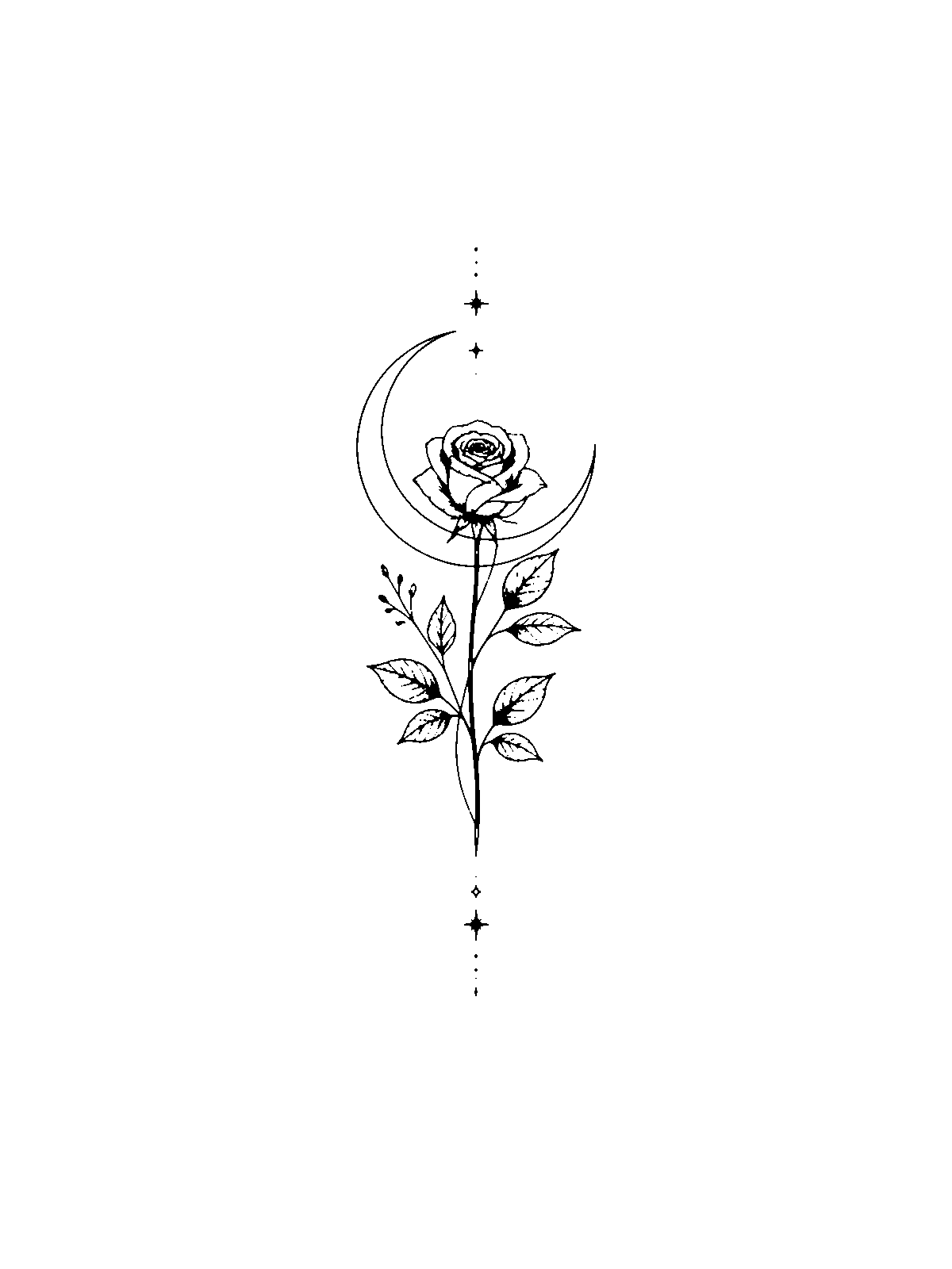 Clean stencil linework version of the rose and crescent moon tattoo